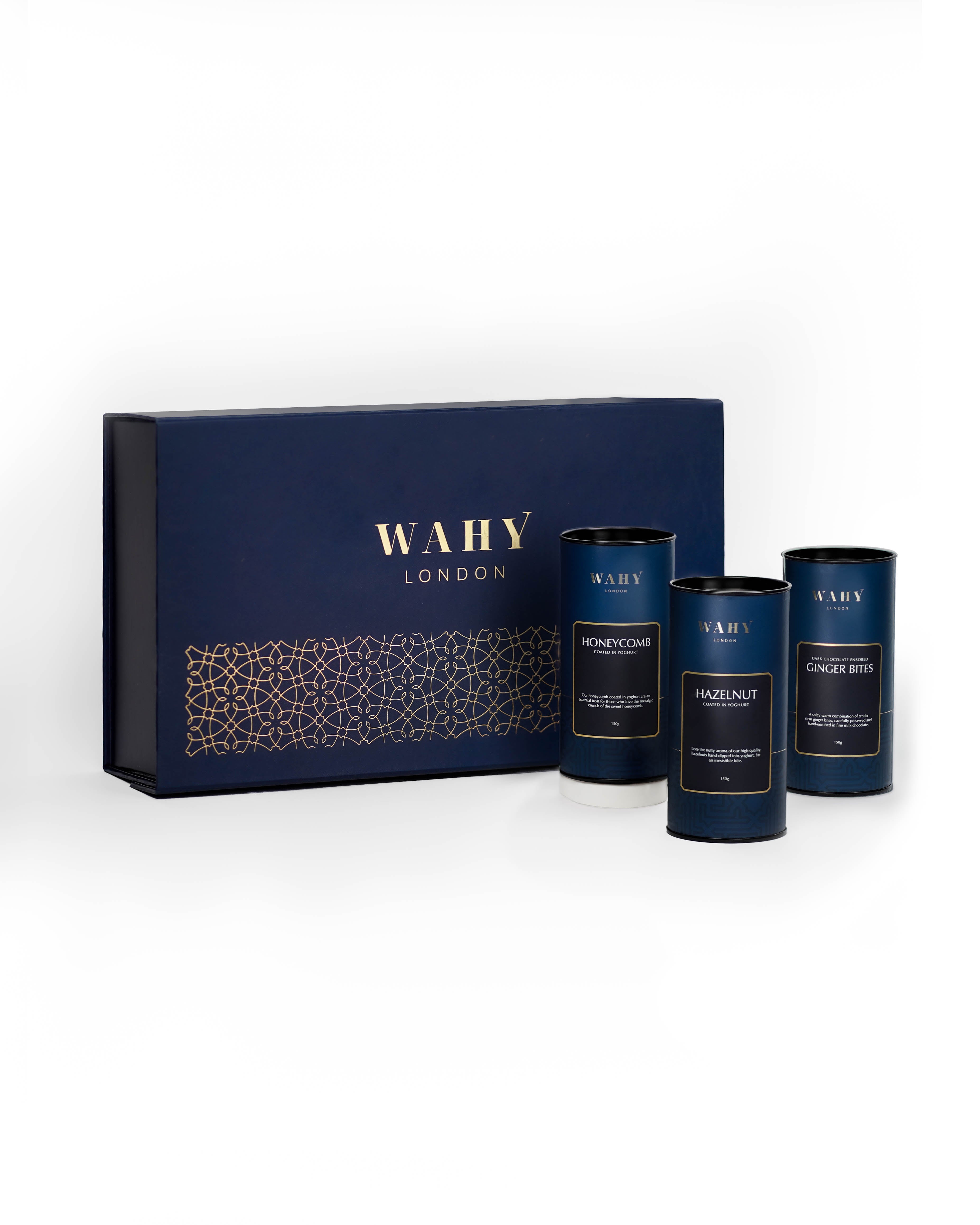 Build your own WAHY London Decadent Hamper, pick 3 gourmet confectionery items for a luxury sweet treat box. Perfect for gifting, celebrations or indulgent evenings.