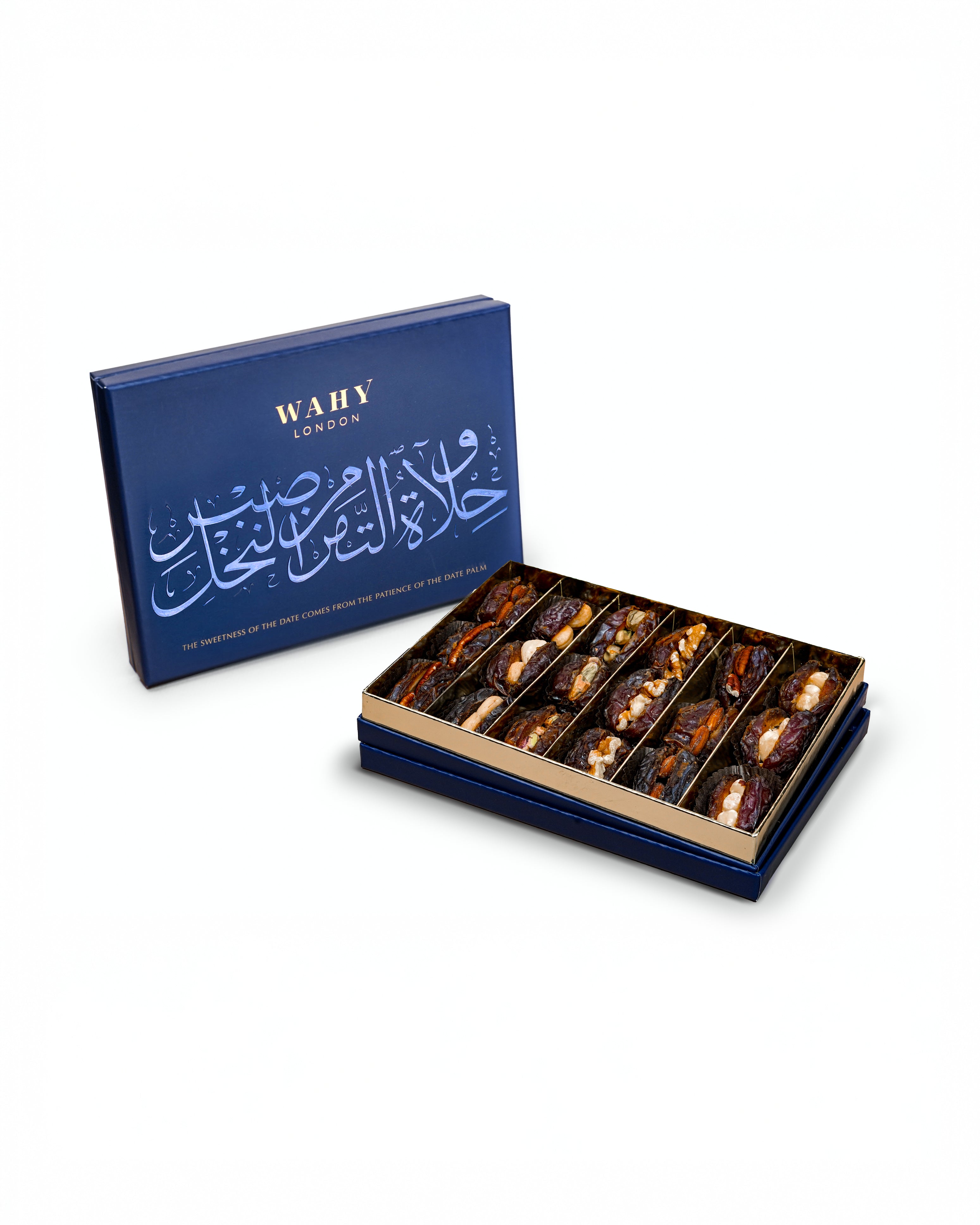 Discover WAHY London’s Premium Filled Dates, succulent Medjool dates stuffed with a mix of premium nuts (pistachio, almond, walnut & more). Perfect as a gourmet treat or elegant gift.