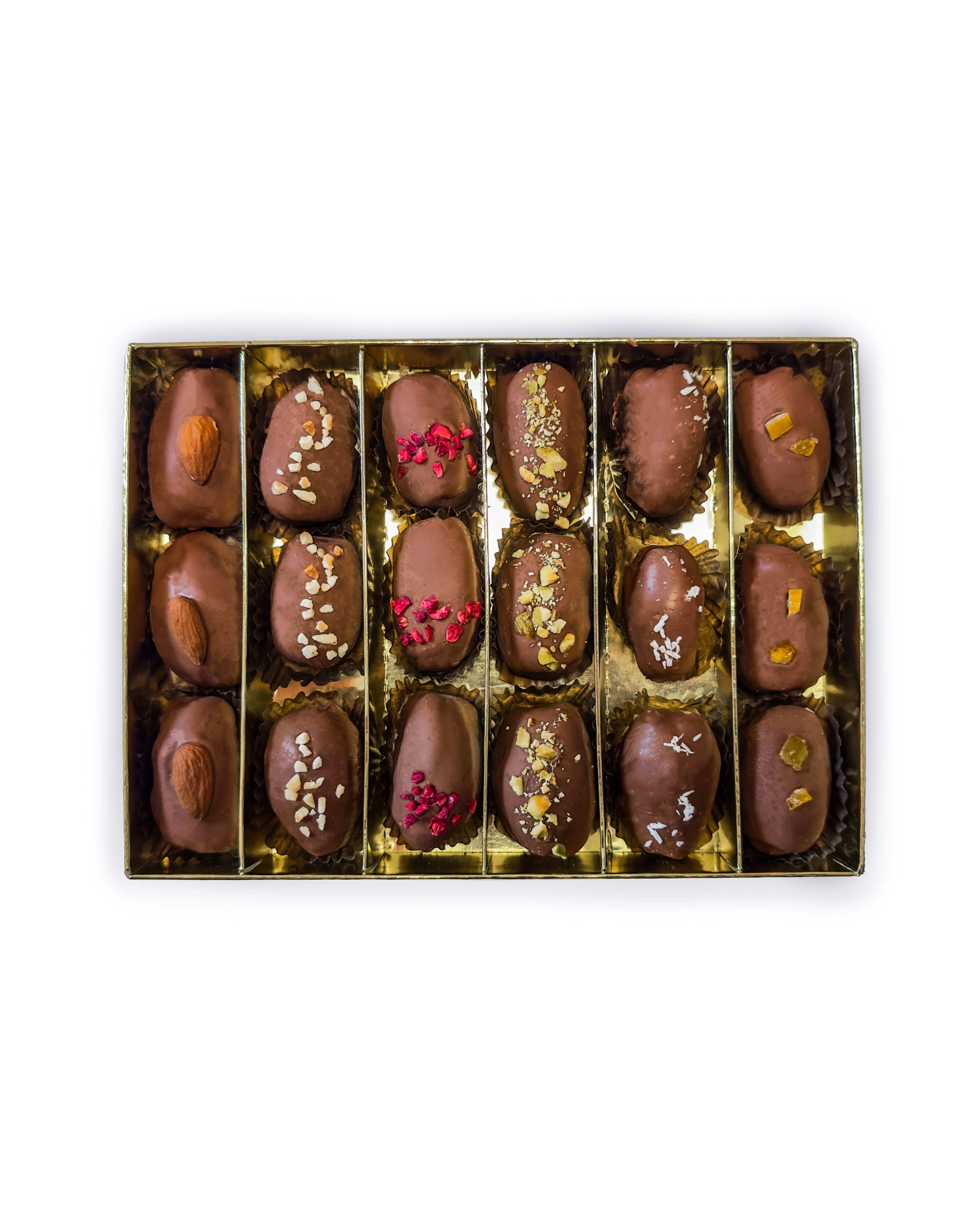 Luxury Milk Chocolate Stuffed Medjool Dates, premium nut-filled Medjool dates coated in smooth milk chocolate. Perfect for gifting or refined indulgence.

