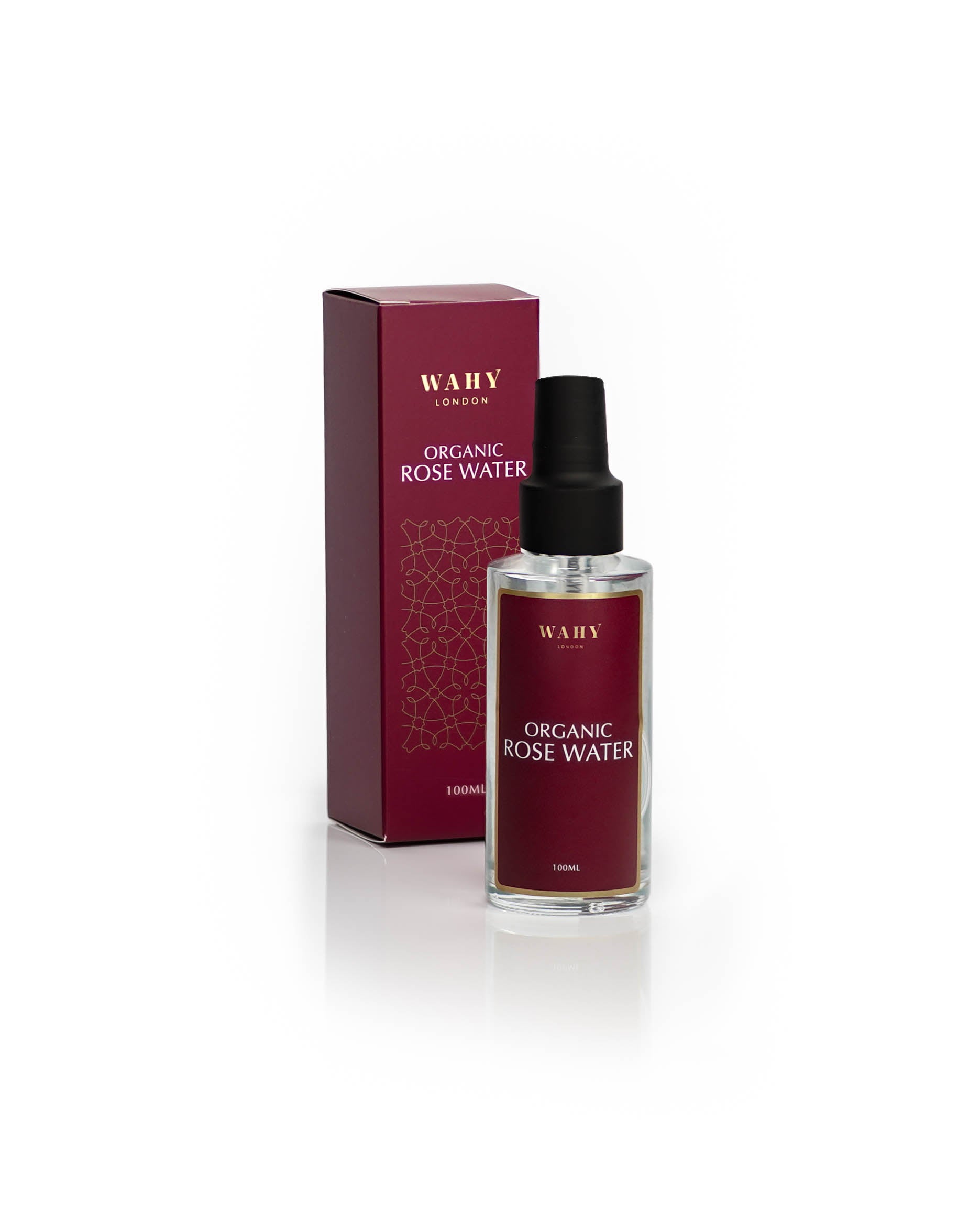 WAHY London Organic Rose Water (100ml), pure distilled Damask rose hydrosol for skin toning, hydration, beauty rituals and natural floral wellness.
