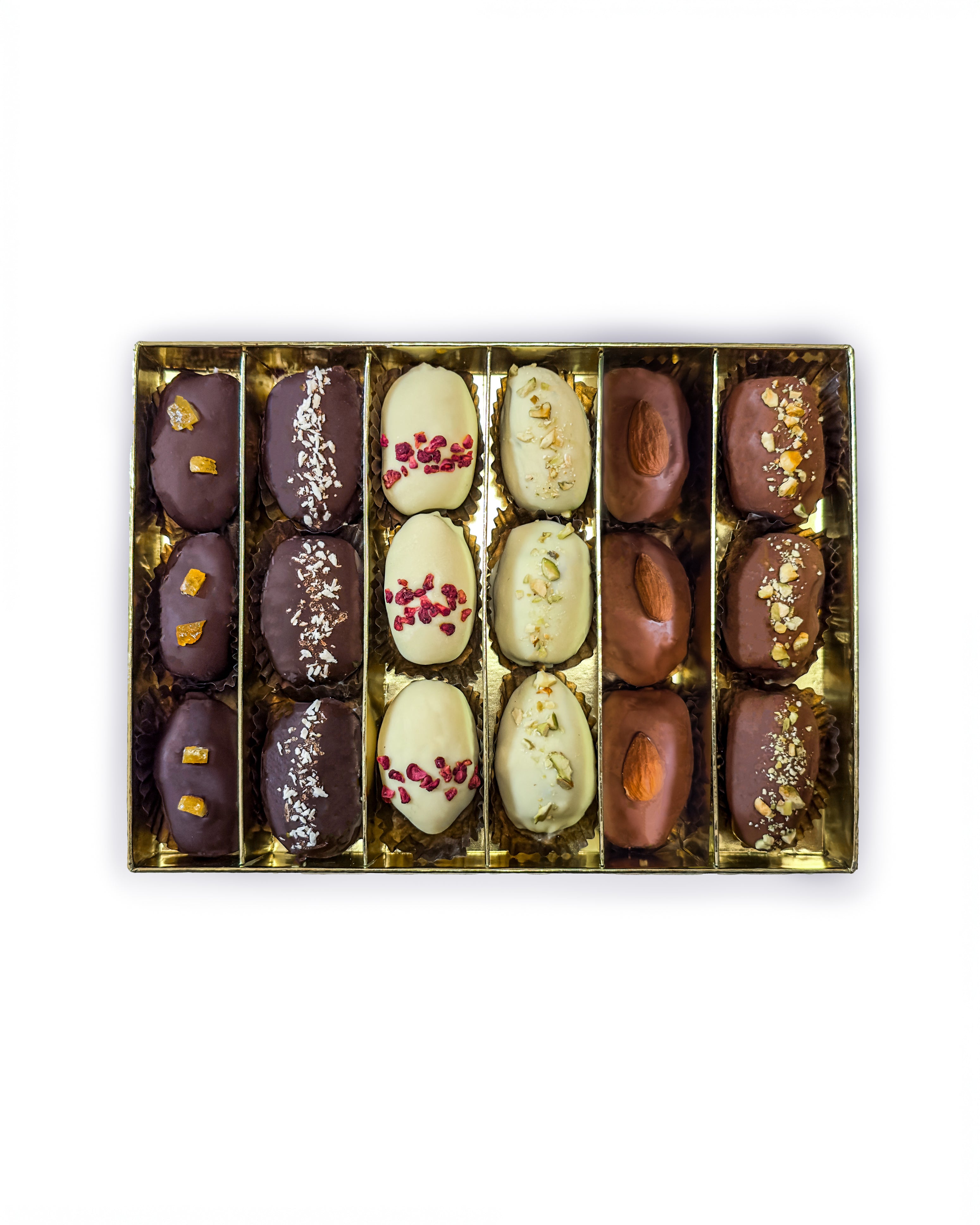 Luxury Chocolate Coated Medjool Dates – Assorted Milk, Dark & White Chocolate - premium Medjool dates coated in milk, dark & white chocolate. Perfect for gifting or elegant treats.